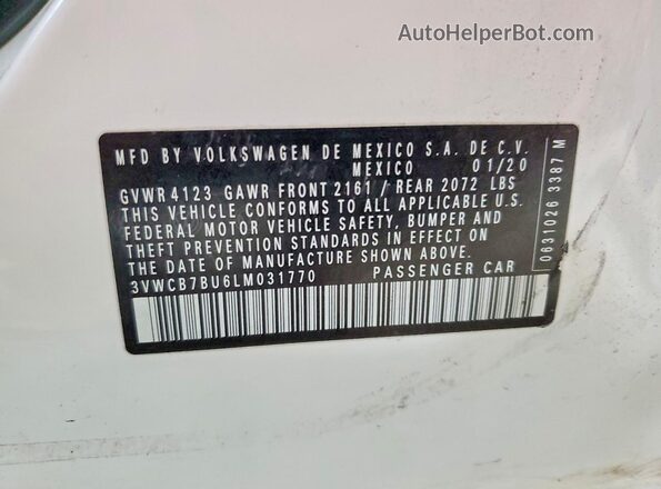 3VWCB7BU6LM031770 2020 VOLKSWAGEN JETTA Белый Вид наклейки с VIN-кодом