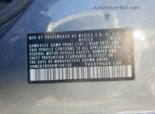 3VWCB7BU8KM146126 2019 VOLKSWAGEN JETTA Gray ძრავის განყოფილების ხედი