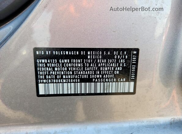 3VWCB7BU8KM258456 2019 VOLKSWAGEN JETTA Серебряный Вид наклейки с VIN-кодом