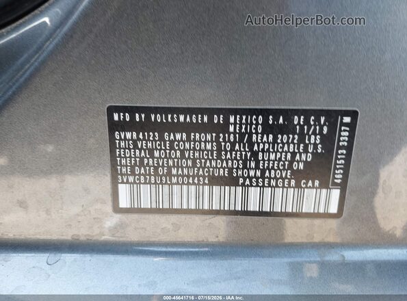 3VWCB7BU9LM004434 2020 VOLKSWAGEN JETTA Gray Շարժիչի բաժամունքի տեսք