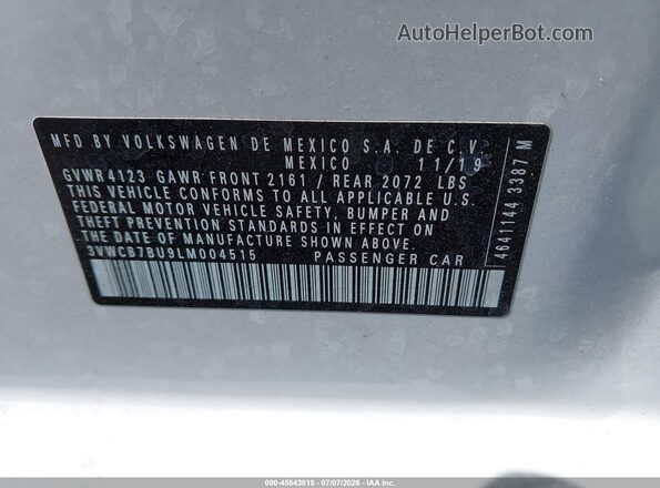 3VWCB7BU9LM004515 2020 VOLKSWAGEN JETTA White Widok komory silnika