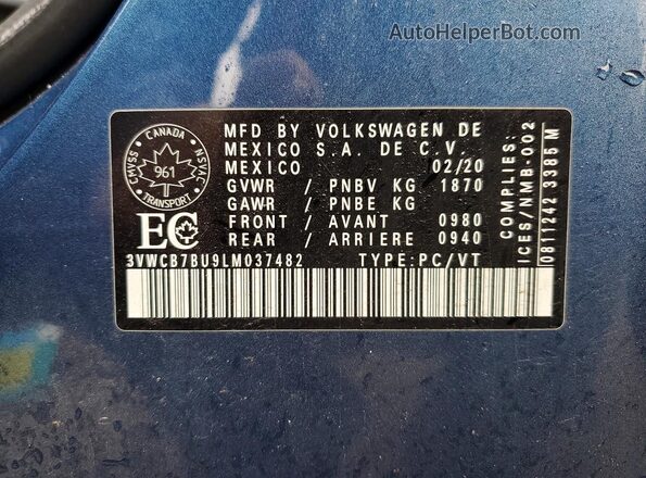 3VWCB7BU9LM037482 2020 VOLKSWAGEN JETTA Blue ძრავის განყოფილების ხედი