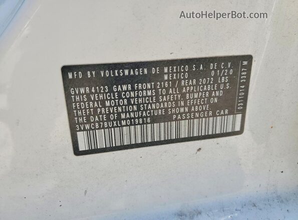 3VWCB7BUXLM019816 2020 VOLKSWAGEN JETTA White Вид підкапотного простору