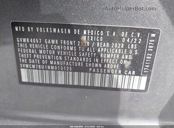 3VWCM7BU1NM013125 2022 VOLKSWAGEN JETTA Gray Vista del compartimento del motor