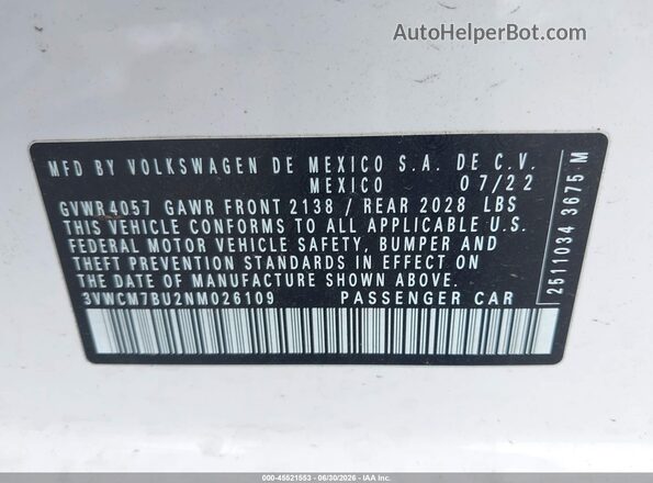 3VWCM7BU2NM026109 2022 VOLKSWAGEN JETTA White Vista del compartimento del motor