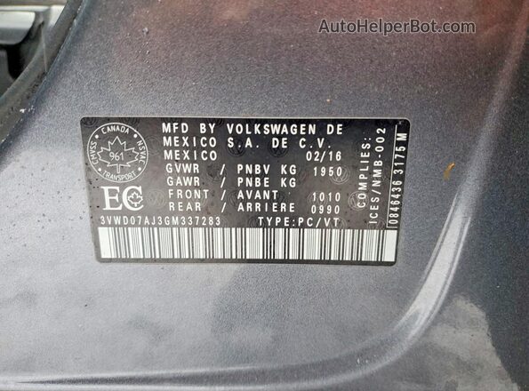 3VWD07AJ3GM337283 2016 VOLKSWAGEN JETTA Серый Вид наклейки с VIN-кодом