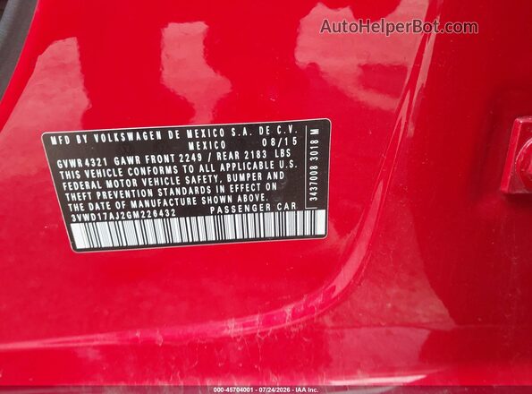3VWD17AJ2GM226432 2016 VOLKSWAGEN JETTA Red ძრავის განყოფილების ხედი