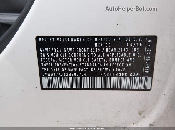3VWD17AJ6GM268764 2016 VOLKSWAGEN JETTA White Vista del compartimento del motor