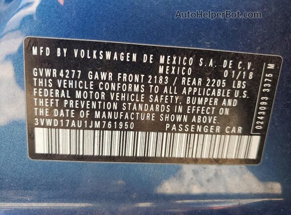 3VWD17AU1JM761950 2018 VOLKSWAGEN GOLF Blue Engine compartment view