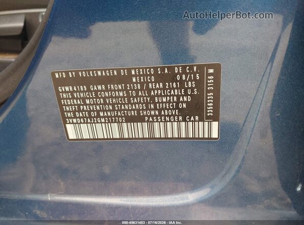 3VWD67AJ2GM217702 2016 VOLKSWAGEN JETTA Blue ძრავის განყოფილების ხედი