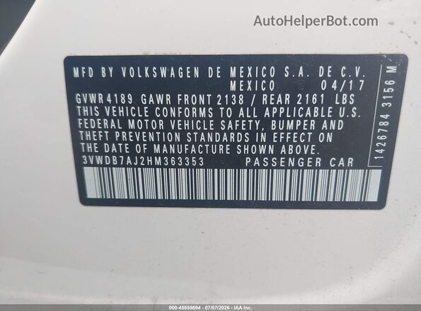 3VWDB7AJ2HM363353 2017 VOLKSWAGEN JETTA White Vista del compartimento del motor