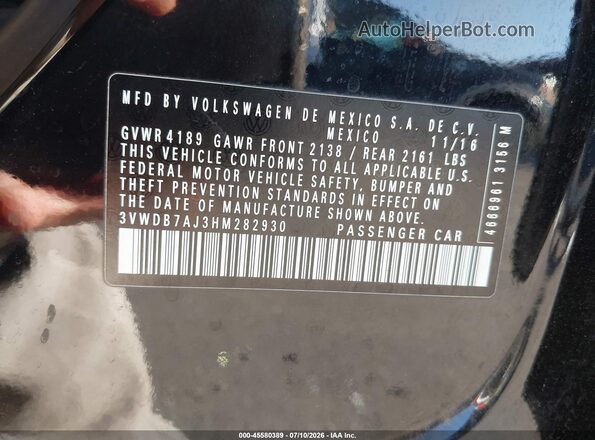 3VWDB7AJ3HM282930 2017 VOLKSWAGEN JETTA Black Vista del compartimento del motor