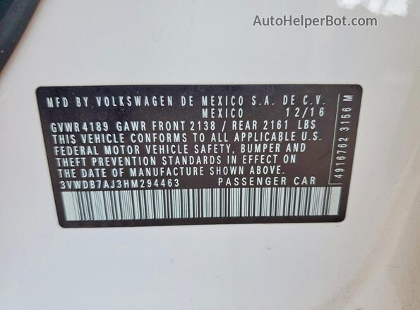 3VWDB7AJ3HM294463 2017 VOLKSWAGEN JETTA White VIN կոդի պիտակի տեսք