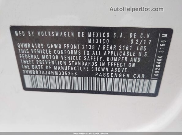 3VWDB7AJ4HM335358 2017 VOLKSWAGEN JETTA White Engine compartment view