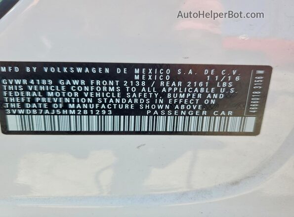 3VWDB7AJ5HM281293 2017 VOLKSWAGEN JETTA White Vista del compartimento del motor