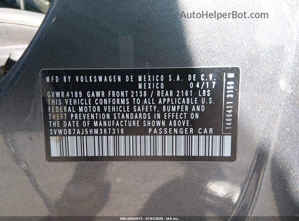 3VWDB7AJ5HM367316 2017 VOLKSWAGEN JETTA Gray Engine compartment view