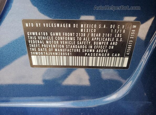 3VWDB7AJ6HM289581 2017 VOLKSWAGEN JETTA Blue Вид наклейки з VIN-кодом