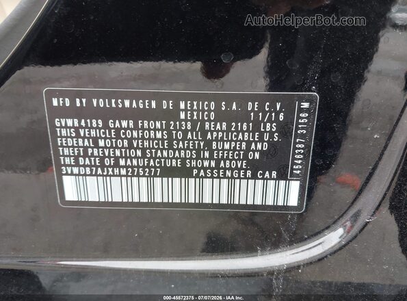 3VWDB7AJXHM275277 2017 VOLKSWAGEN JETTA Black Вид підкапотного простору