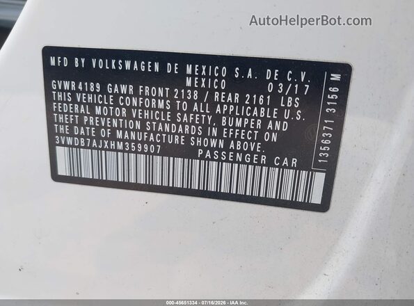 3VWDB7AJXHM359907 2017 VOLKSWAGEN JETTA White Вид підкапотного простору