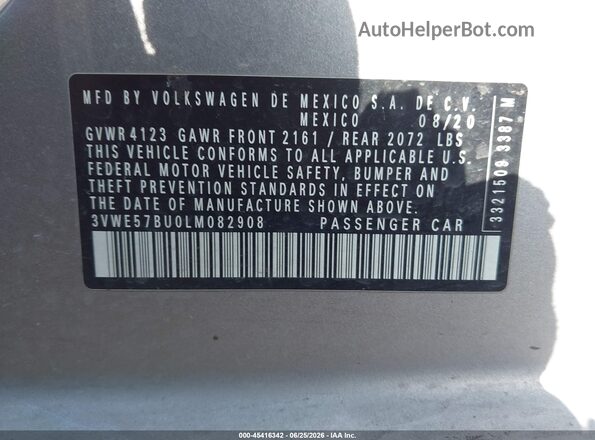 3VWE57BU0LM082908 2020 VOLKSWAGEN JETTA Silver ძრავის განყოფილების ხედი