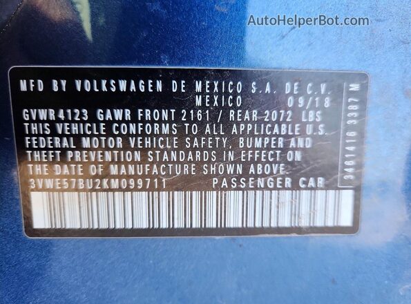 3VWE57BU2KM099711 2019 VOLKSWAGEN JETTA Синий Вид подкапотного пространства
