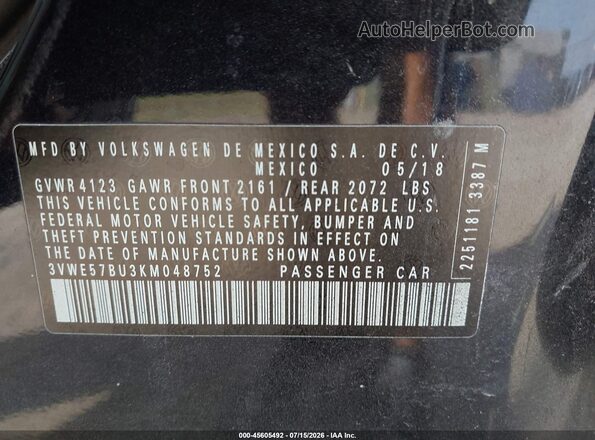 3VWE57BU3KM048752 2019 VOLKSWAGEN JETTA Black Widok tylnych siedzeń