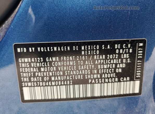 3VWE57BU4KM084482 2019 VOLKSWAGEN JETTA Blue ძრავის განყოფილების ხედი