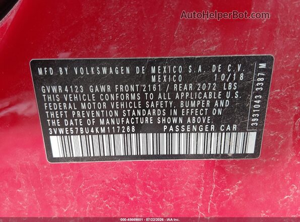 3VWE57BU4KM117268 2019 VOLKSWAGEN JETTA Red Widok komory silnika