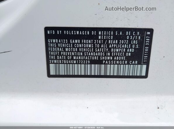 3VWEB7BU4KM172229 2019 VOLKSWAGEN JETTA White Widok komory silnika