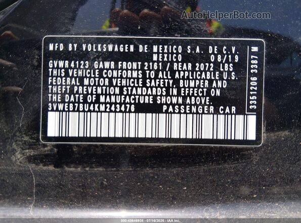 3VWEB7BU4KM243476 2019 VOLKSWAGEN JETTA Black Engine compartment view