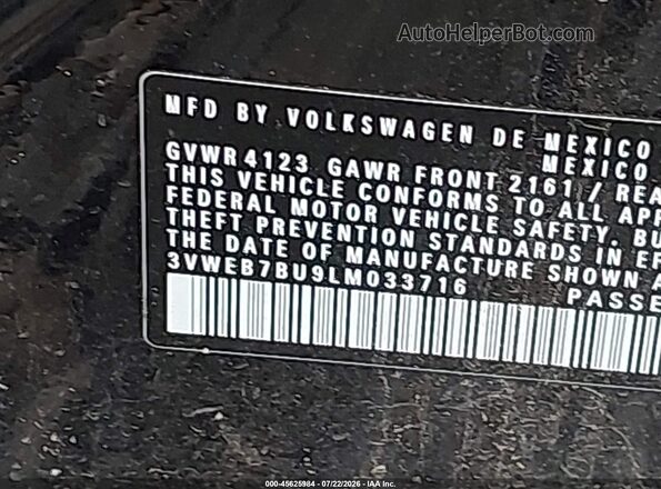 3VWEB7BU9LM033716 2020 VOLKSWAGEN JETTA Black Вид підкапотного простору