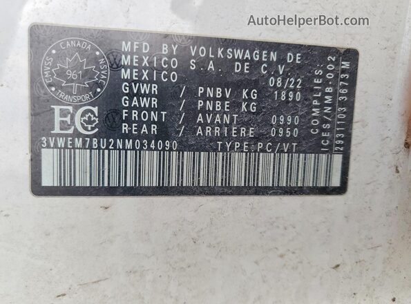3VWEM7BU2NM034090 2022 VOLKSWAGEN JETTA White Engine compartment view