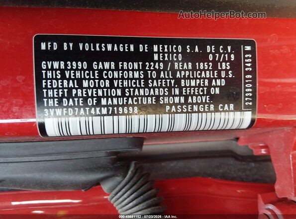 3VWFD7AT4KM719698 2019 VOLKSWAGEN BEETLE Red ძრავის განყოფილების ხედი