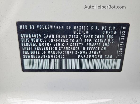 3VWG57AU9KM033652 2019 VOLKSWAGEN GOLF White Widok komory silnika