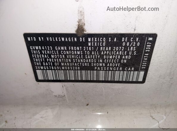 3VWG57BU9LM083208 2020 VOLKSWAGEN JETTA White Widok komory silnika