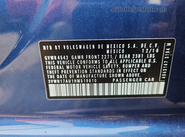 3VWH17AU1HM519610 2017 VOLKSWAGEN GOLF Blue Вид підкапотного простору