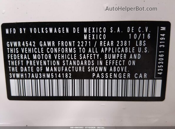 3VWH17AU3HM514182 2017 VOLKSWAGEN GOLF White Vista del compartimento del motor