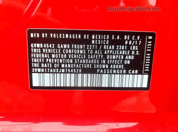 3VWH17AUXJM754528 2018 VOLKSWAGEN GOLF Red VIN sticker view