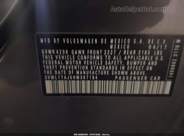 3VWL17AJ5HM367184 2017 VOLKSWAGEN JETTA Gray Вид підкапотного простору