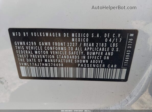 3VWL17AJ7HM376498 2017 VOLKSWAGEN JETTA White ძრავის განყოფილების ხედი