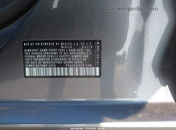 3VWN57BU1KM013255 2019 VOLKSWAGEN JETTA Gray Շարժիչի բաժամունքի տեսք