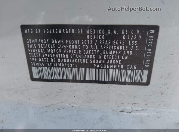 3VWN57BU1LM019316 2020 VOLKSWAGEN JETTA White Вид підкапотного простору