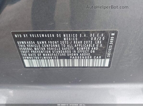 3VWN57BU1LM088152 2020 VOLKSWAGEN JETTA Gray Вид підкапотного простору
