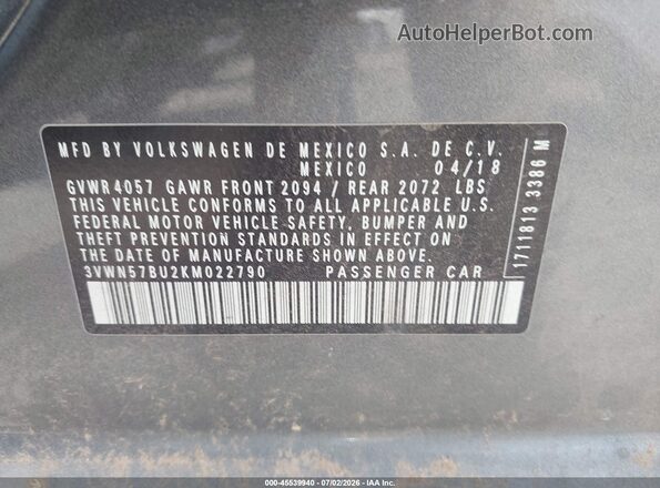 3VWN57BU2KM022790 2019 VOLKSWAGEN JETTA Gray Շարժիչի բաժամունքի տեսք