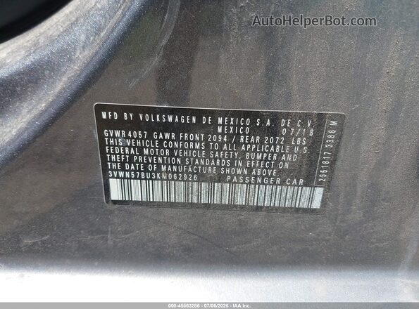 3VWN57BU3KM062926 2019 VOLKSWAGEN JETTA Серый Вид подкапотного пространства