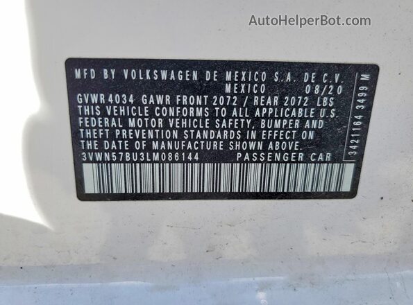3VWN57BU3LM086144 2020 VOLKSWAGEN JETTA White Widok komory silnika