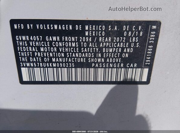 3VWN57BU6KM090235 2019 VOLKSWAGEN JETTA Light Blue ძრავის განყოფილების ხედი