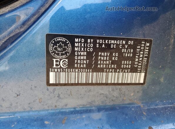 3VWN57BU6KM200944 2019 VOLKSWAGEN JETTA Blue Вид підкапотного простору
