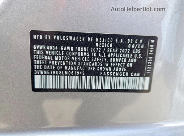3VWN57BU8LM061949 2020 VOLKSWAGEN JETTA Silver Widok komory silnika