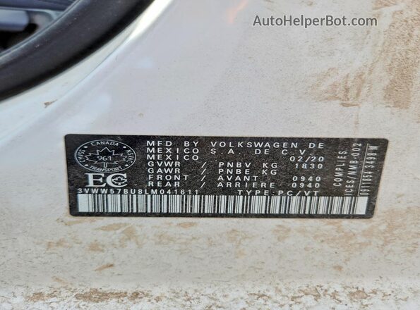 3VWW57BU8LM041611 2020 VOLKSWAGEN JETTA White Շարժիչի բաժամունքի տեսք